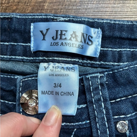 Y JEANS Los Angeles Y2K denim low rise flare distressed bling pockets cross 3/4 - Picture 9 of 15